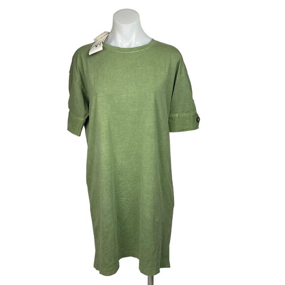 Zara NWT Green Cotton Cuffed Short Sleeve Crew Oversized T-Shirt Midi Dress Sz S - Picture 1 of 7